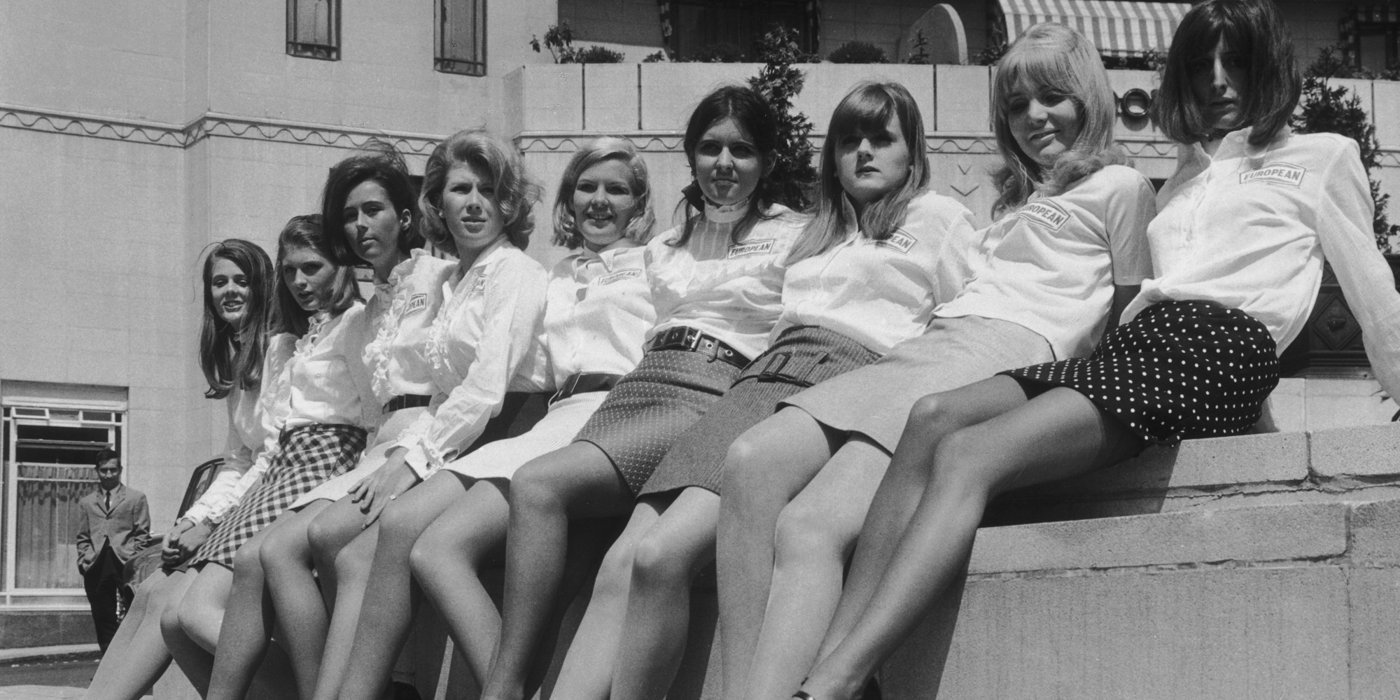A group of debutantes outside the Dorchester Hotel, London, where they are training to take part in the launch of a new petrol brand from European Petroleum, 31st May 1966. (Photo by Chris Ware/Keystone/Hulton Archive/Getty Images)